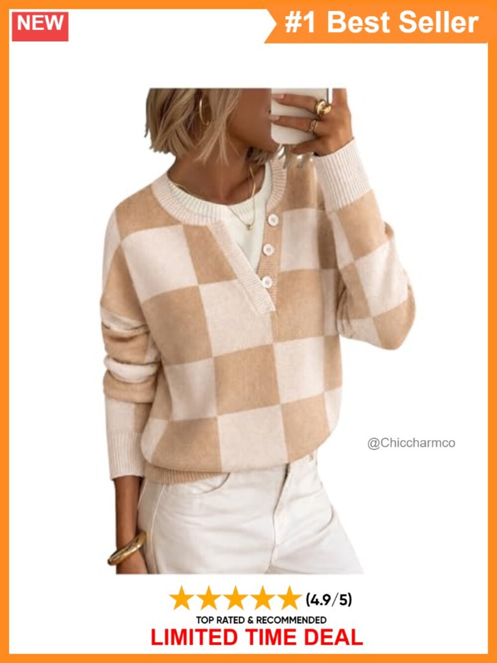 Oversized Crew Neck Knit Sweater Long Sleeve Button Print Casual Top